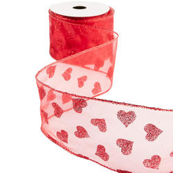 Glitter Hearts Red Organza Wired Edge Ribbon