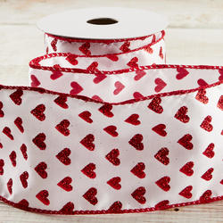 Red Glitter Hearts White Satin Wired Edge Ribbon