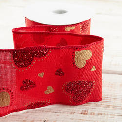 Glitter Hearts Red Wired Edge Valentine Ribbon