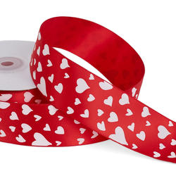 Valentine Red Satin White Hearts Ribbon